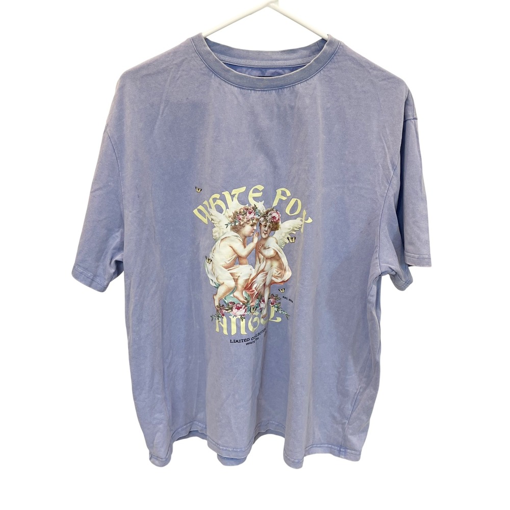 White Fox Angel Cherub Graphic‎ Tee Purple Oversized Fit - Size S/M